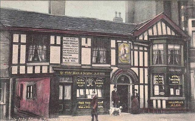 Old photograph of Ye Olde Man & Scythe pub in Bolton